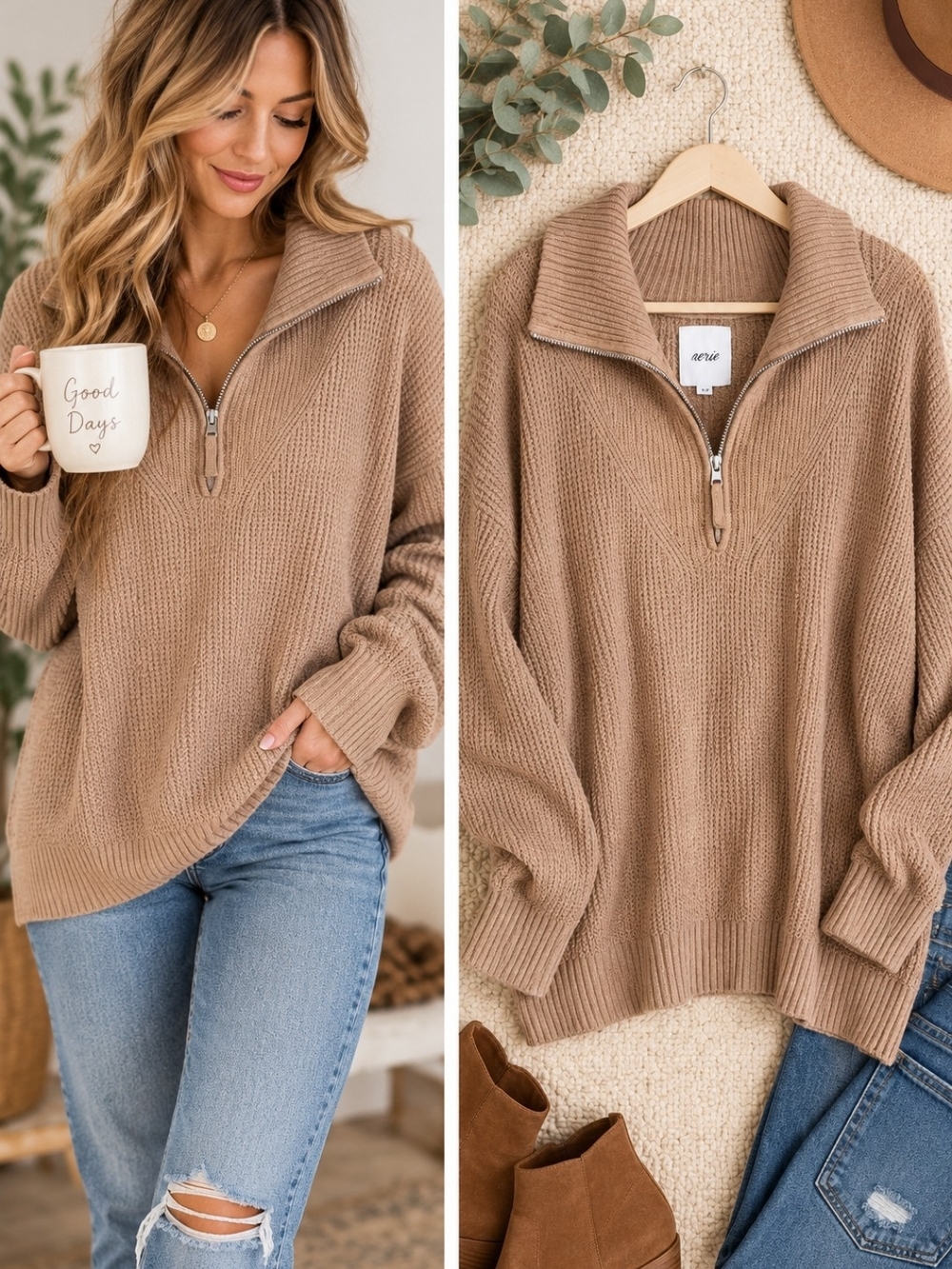 Aerie Camel Waffle Knit Relaxed Oversized Quarter Zip Pullover Sweater S/P